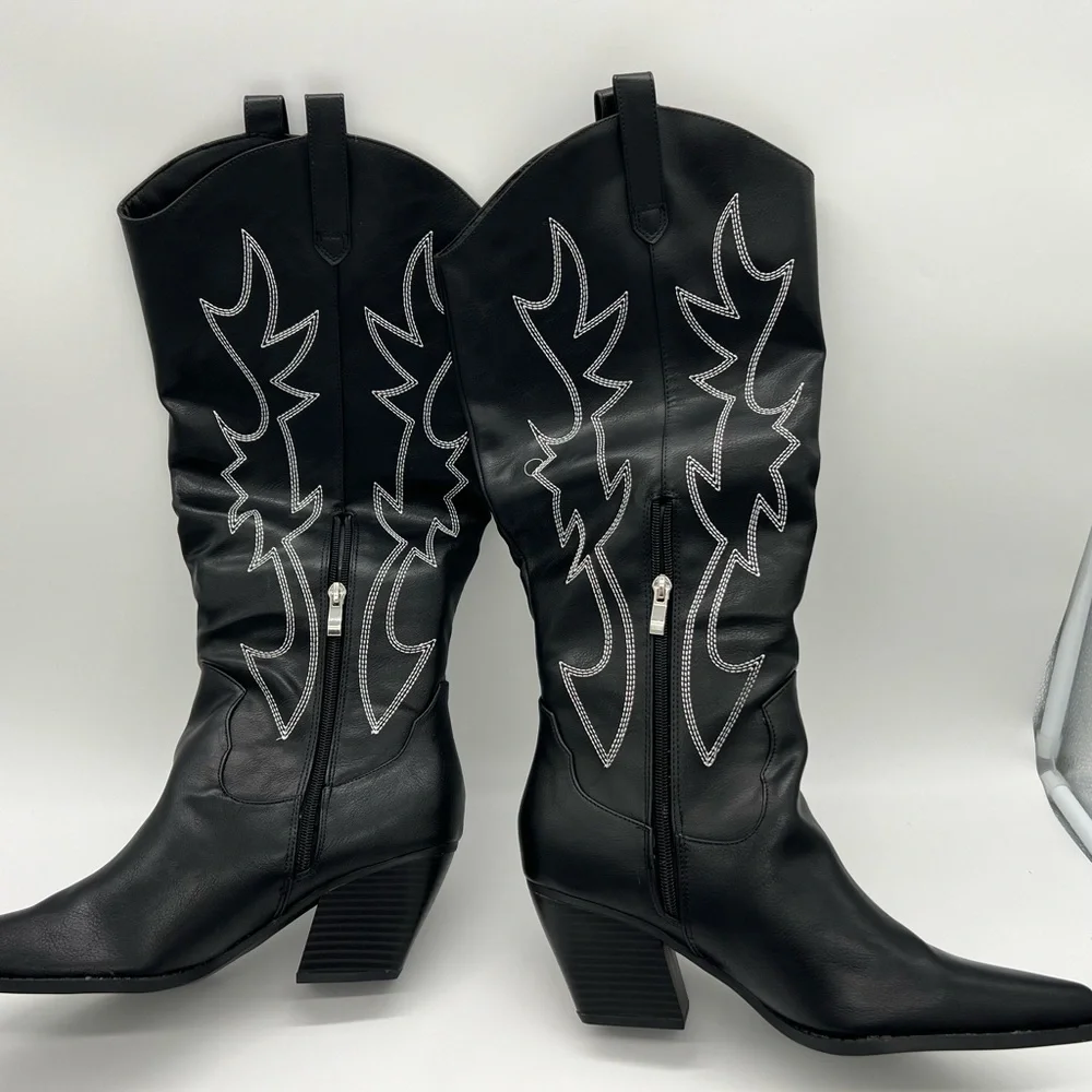 Mostrin Knee High Women's Embroidered Cowgirl Boots Black